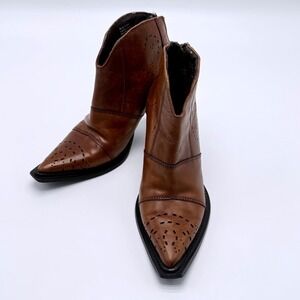 Luichiny Brown Leather Perforated Pointed Toe Stiletto Ankle Boots Western Zip
